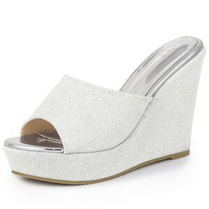 Glitter Platform Slip on Wedge Heels Sandals White Silver